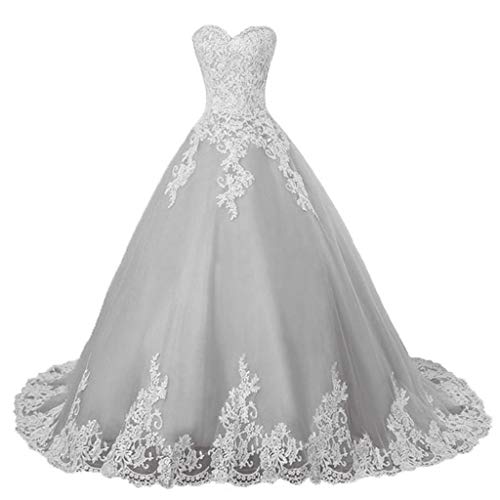 Vantexi Damen A-Linie Tüll Spitze Abendkleid Ballkleid Lang Brautkleider Hochzeitskleider Silber Größe 46 von Vantexi