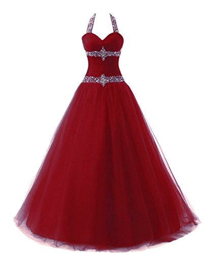 Vantexi Damen Elegante Lange Halfter Ballkleid Partykleid Abschlussball Kleider Weinrot Größe 44 von Vantexi