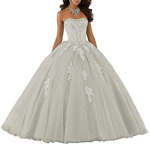 Vantexi Damen Elegante Spitze Tüll Abendkleid Abschlussballkleider Lange Ballkleid Brautkleider Silber Größe 48 von Vantexi