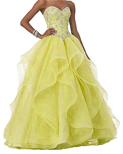 Vantexi Damen Glitzer Perlen Lange Ballkleid Hochzeitskleider Rüschen Organza Abschlussballkleider Festzug Kleider Gelb Größe 50 von Vantexi