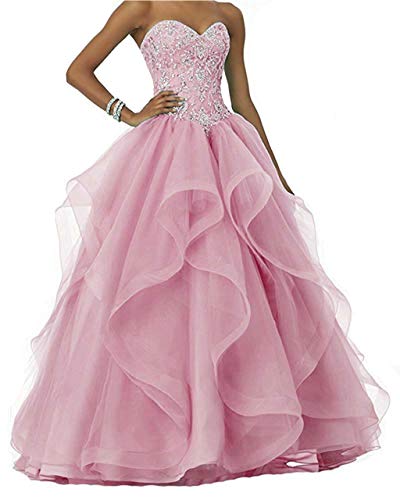 Vantexi Damen Glitzer Perlen Lange Ballkleid Hochzeitskleider Rüschen Organza Abschlussballkleider Festzug Kleider Rosa Größe 36 von Vantexi