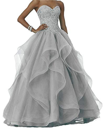 Vantexi Damen Glitzer Perlen Lange Ballkleid Hochzeitskleider Rüschen Organza Abschlussballkleider Festzug Kleider Silber Größe 46 von Vantexi