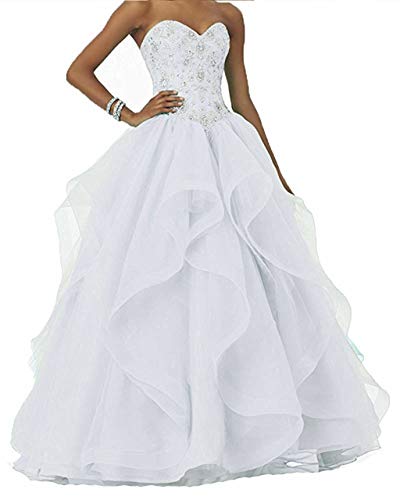 Vantexi Damen Glitzer Perlen Lange Ballkleid Hochzeitskleider Rüschen Organza Abschlussballkleider Festzug Kleider Weiß Größe 34 von Vantexi