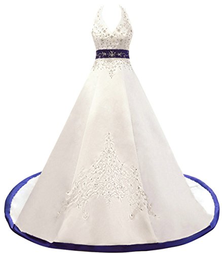 Vantexi Damen Halfter Stickerei Satin Brautkleid Hochzeitskleider Elfenbein & Blau Größe 40 von Vantexi