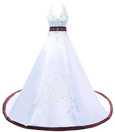 Vantexi Damen Halfter Stickerei Satin Brautkleid Hochzeitskleider Weiß & Burgund Größe 38 von Vantexi