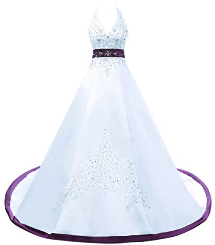 Vantexi Damen Halfter Stickerei Satin Brautkleid Hochzeitskleider Weiß & Lila Größe 42 von Vantexi