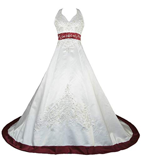 Vantexi Damen Halfter Stickerei Satin Hochzeitskleid Brautkleider Elfenbein Burgund 36 von Vantexi