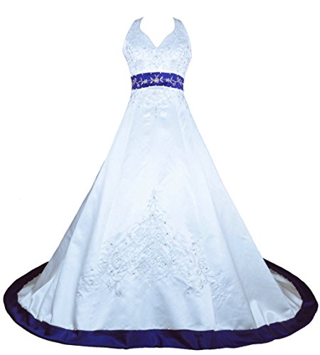 Vantexi Damen Halfter Stickerei Satin Hochzeitskleid Brautkleider Weiß Blau 60 von Vantexi