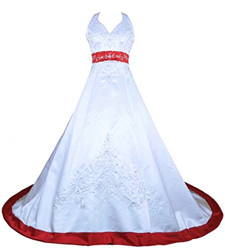 Vantexi Damen Halfter Stickerei Satin Hochzeitskleid Brautkleider Weiß Rot 40 von Vantexi