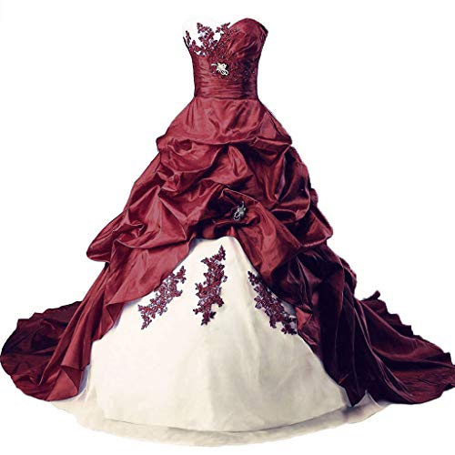 Vantexi Damen Lange Formales Gotisch Brautkleider Spitzenkleid Vintage Hochzeitskleider Elfenbein & Burgund Größe 56 von Vantexi