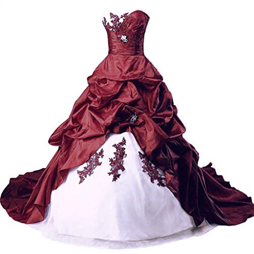 Vantexi Damen Lange Formales Gotisch Brautkleider Spitzenkleid Vintage Hochzeitskleider Weiß & Burgund Größe 44 von Vantexi