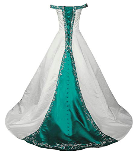 Vantexi Damen Schulterfrei A-Linie Stickerei Brautkleid Hochzeitskleider Elfenbein Teal Größe 52 von Vantexi