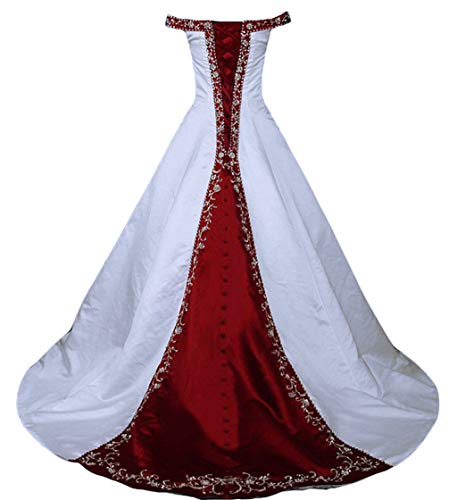 Vantexi Damen Schulterfrei A-Linie Stickerei Brautkleid Hochzeitskleider Weiß Burgund Größe 58 von Vantexi