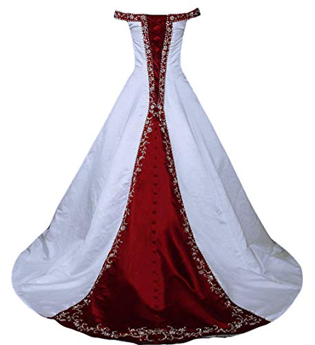 Vantexi Damen Schulterfrei A-Linie Stickerei Brautkleid Hochzeitskleider Weiß Burgund Größe 60 von Vantexi