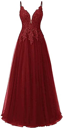 Vantexi Damen Spitze Abendkleider Für Hochzeit Elegant Brautkleid Spaghetti-Träger Ballkleider Burgund Größe 44 von Vantexi