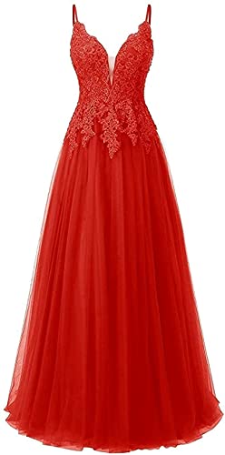 Vantexi Damen Spitze Abendkleider Für Hochzeit Elegant Brautkleid Spaghetti-Träger Ballkleider Rot Größe 48 von Vantexi