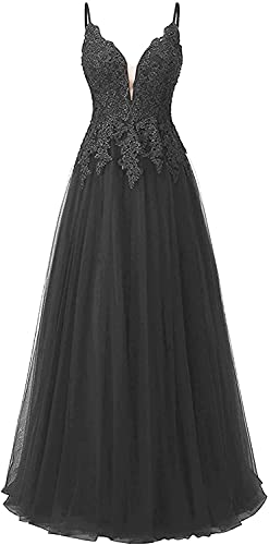 Vantexi Damen Spitze Abendkleider Für Hochzeit Elegant Brautkleid Spaghetti-Träger Ballkleider Schwarz Größe 44 von Vantexi