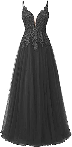 Vantexi Damen Spitze Abendkleider Für Hochzeit Elegant Brautkleid Spaghetti-Träger Ballkleider Schwarz Größe 52 von Vantexi