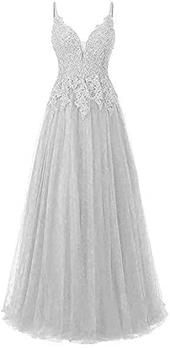 Vantexi Damen Spitze Abendkleider Für Hochzeit Elegant Brautkleid Spaghetti-Träger Ballkleider Silber Größe 54 von Vantexi