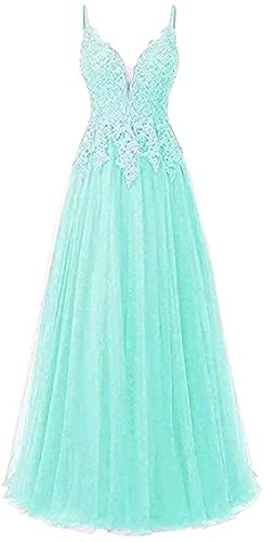 Vantexi Damen Spitze Abendkleider Für Hochzeit Elegant Brautkleid Spaghetti-Träger Ballkleider Türkis Größe 52 von Vantexi