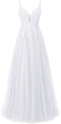 Vantexi Damen Spitze Abendkleider Für Hochzeit Elegant Brautkleid Spaghetti-Träger Ballkleider Weiß Größe 40 von Vantexi