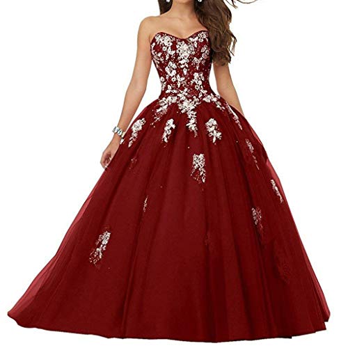 Vantexi Damen Spitze Tüll A-Linie Ballkleid Lang Abendkleider Brautkleider Quinceanera Kleider Burgund Größe 40 von Vantexi