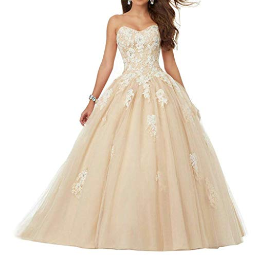 Vantexi Damen Spitze Tüll A-Linie Ballkleid Lang Abendkleider Brautkleider Quinceanera Kleider Champagner Größe 38 von Vantexi