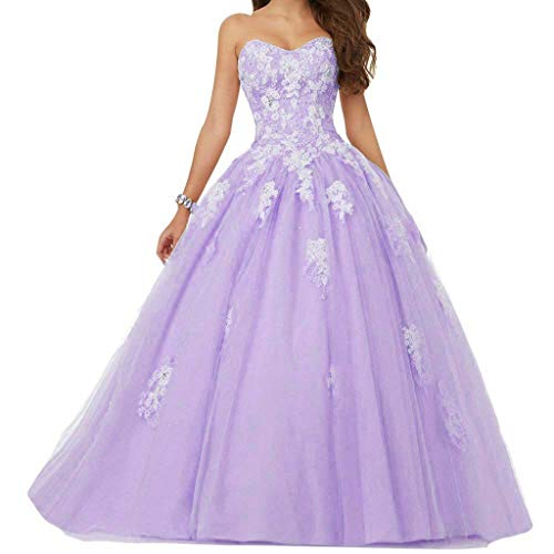 Vantexi Damen Spitze Tüll A-Linie Ballkleid Lang Abendkleider Brautkleider Quinceanera Kleider Flieder Größe 60 von Vantexi