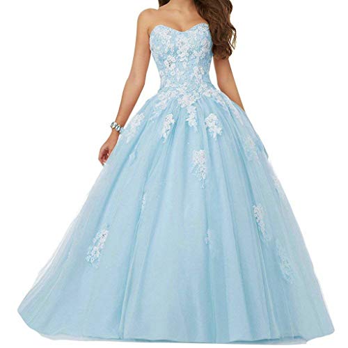 Vantexi Damen Spitze Tüll A-Linie Ballkleid Lang Abendkleider Brautkleider Quinceanera Kleider Hellblau Größe 36 von Vantexi