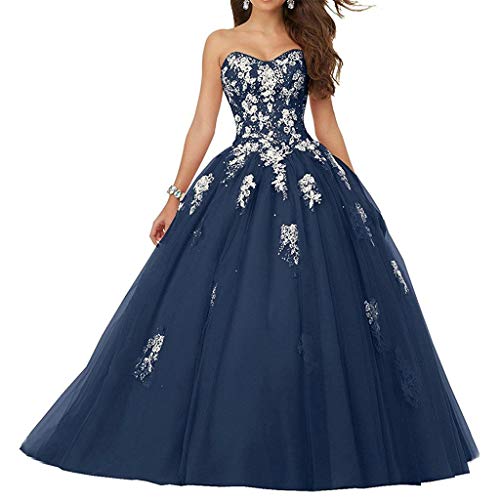 Vantexi Damen Spitze Tüll A-Linie Ballkleid Lang Abendkleider Brautkleider Quinceanera Kleider Marineblau Größe 48 von Vantexi