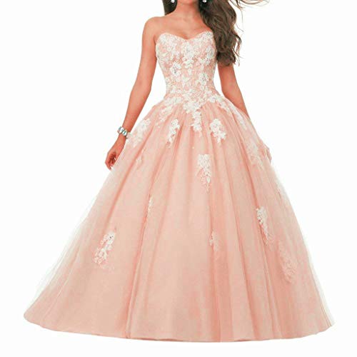 Vantexi Damen Spitze Tüll A-Linie Ballkleid Lang Abendkleider Brautkleider Quinceanera Kleider Rosa Größe 38 von Vantexi