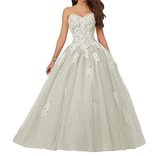 Vantexi Damen Spitze Tüll A-Linie Ballkleid Lang Abendkleider Brautkleider Quinceanera Kleider Silber Größe 60 von Vantexi