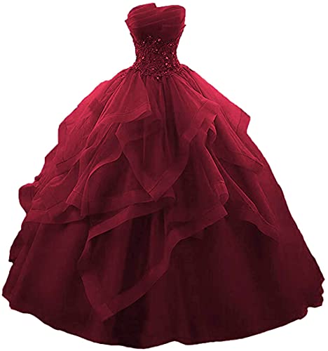 Vantexi Damen Trägerlos Spitze Tüll Abendkleid Ballkleider A-Linie Lange Abschlussballkleid Festkleider Burgund Größe 34 von Vantexi