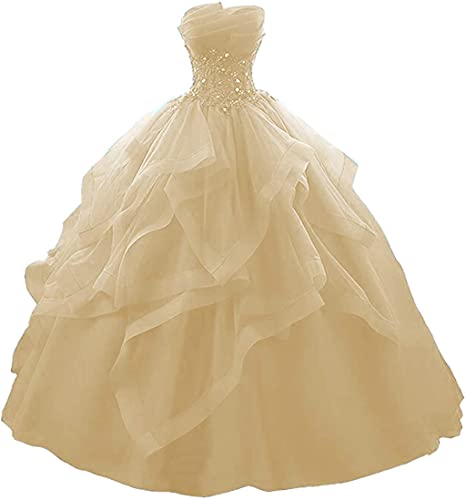Vantexi Damen Trägerlos Spitze Tüll Abendkleid Ballkleider A-Linie Lange Abschlussballkleid Festkleider Champagner Größe 48 von Vantexi
