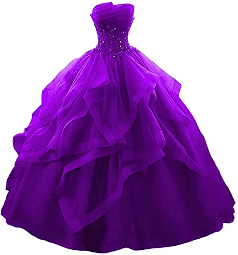 Vantexi Damen Trägerlos Spitze Tüll Abendkleid Ballkleider A-Linie Lange Abschlussballkleid Festkleider Lila Größe 34 von Vantexi