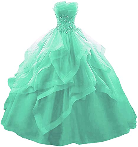 Vantexi Damen Trägerlos Spitze Tüll Abendkleid Ballkleider A-Linie Lange Abschlussballkleid Festkleider Minze Größe 46 von Vantexi
