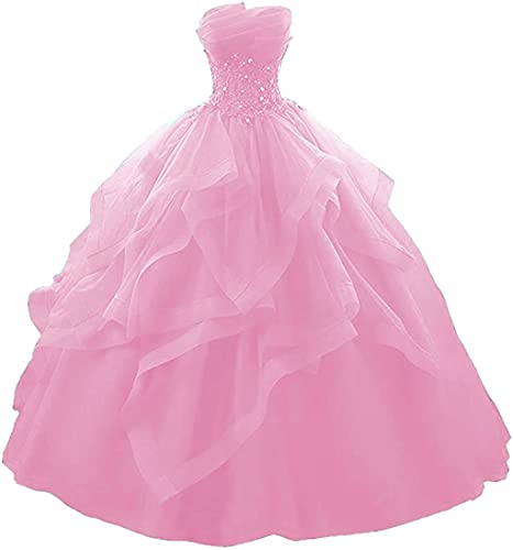 Vantexi Damen Trägerlos Spitze Tüll Abendkleid Ballkleider A-Linie Lange Abschlussballkleid Festkleider Rosa Größe 34 von Vantexi