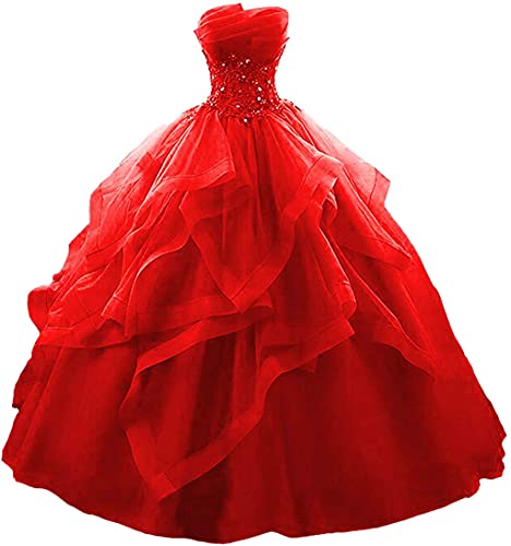 Vantexi Damen Trägerlos Spitze Tüll Abendkleid Ballkleider A-Linie Lange Abschlussballkleid Festkleider Rot Größe 38 von Vantexi