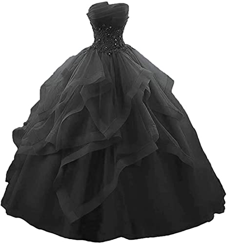 Vantexi Damen Trägerlos Spitze Tüll Abendkleid Ballkleider A-Linie Lange Abschlussballkleid Festkleider Schwarz Größe 50 von Vantexi