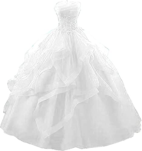 Vantexi Damen Trägerlos Spitze Tüll Abendkleid Ballkleider A-Linie Lange Abschlussballkleid Festkleider Weiß Größe 34 von Vantexi