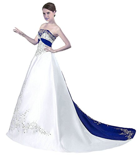Vantexi Damen Trägerloses Wulstige Stickerei Hochzeitskleid Brautkleider Weiß Blau 38 von Vantexi