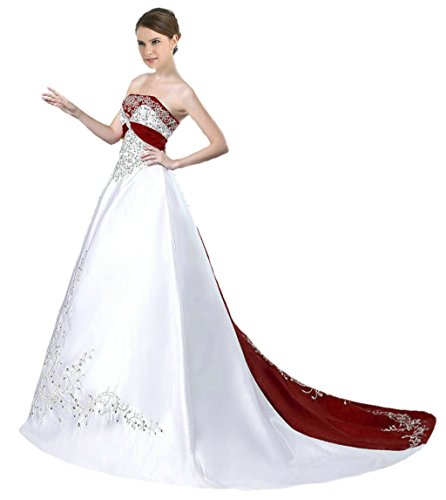Vantexi Damen Trägerloses Wulstige Stickerei Hochzeitskleid Brautkleider Weiß Burgund 46 von Vantexi