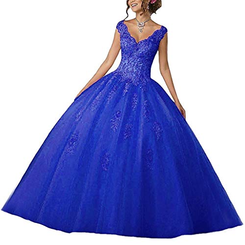 Vantexi Damen V-Ausschnitt Quinceanera Kleider Mit Spitze Abendkleider Lang Hochzeitskleider Elegant Ballkleid Blau Größe 34 von Vantexi