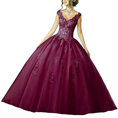 Vantexi Damen V-Ausschnitt Quinceanera Kleider Mit Spitze Abendkleider Lang Hochzeitskleider Elegant Ballkleid Burgund Größe 36 von Vantexi