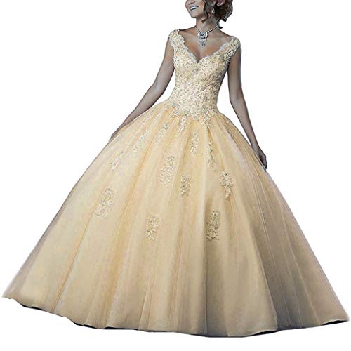 Vantexi Damen V-Ausschnitt Quinceanera Kleider Mit Spitze Abendkleider Lang Hochzeitskleider Elegant Ballkleid Champagner Größe 46 von Vantexi