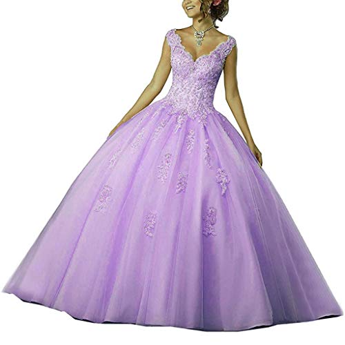 Vantexi Damen V-Ausschnitt Quinceanera Kleider Mit Spitze Abendkleider Lang Hochzeitskleider Elegant Ballkleid Flieder Größe 34 von Vantexi