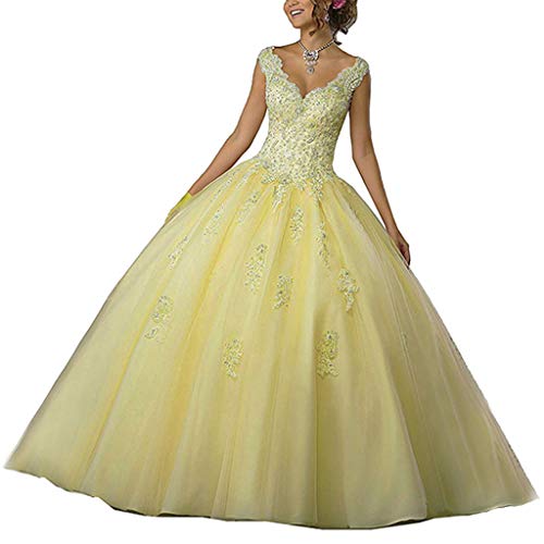 Vantexi Damen V-Ausschnitt Quinceanera Kleider Mit Spitze Abendkleider Lang Hochzeitskleider Elegant Ballkleid Gelb Größe 38 von Vantexi