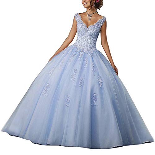 Vantexi Damen V-Ausschnitt Quinceanera Kleider Mit Spitze Abendkleider Lang Hochzeitskleider Elegant Ballkleid Hellblau Größe 32 von Vantexi