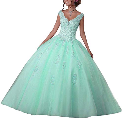 Vantexi Damen V-Ausschnitt Quinceanera Kleider Mit Spitze Abendkleider Lang Hochzeitskleider Elegant Ballkleid Jadegrün Größe 36 von Vantexi