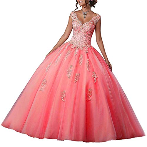 Vantexi Damen V-Ausschnitt Quinceanera Kleider Mit Spitze Abendkleider Lang Hochzeitskleider Elegant Ballkleid Koralle Größe 36 von Vantexi